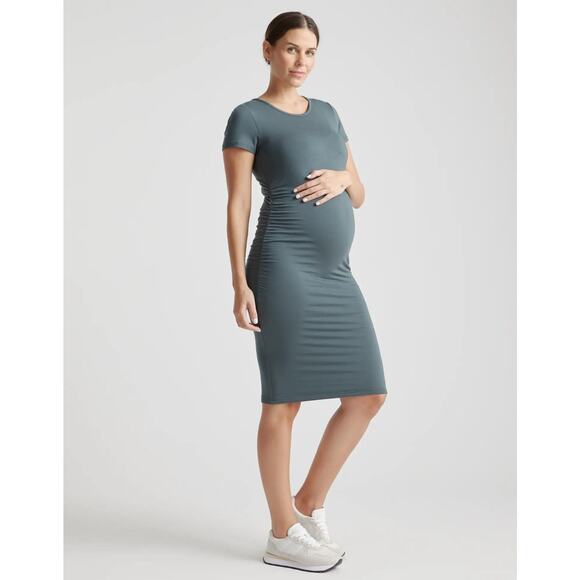 Quince Tencel Jersey Maternity Ruched Short Sleeve Dress Dark Olive Small - Picture 1 of 14